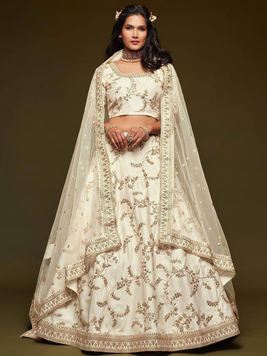 White Thread Embroidery Art Silk Wedding Wear Lehenga Choli